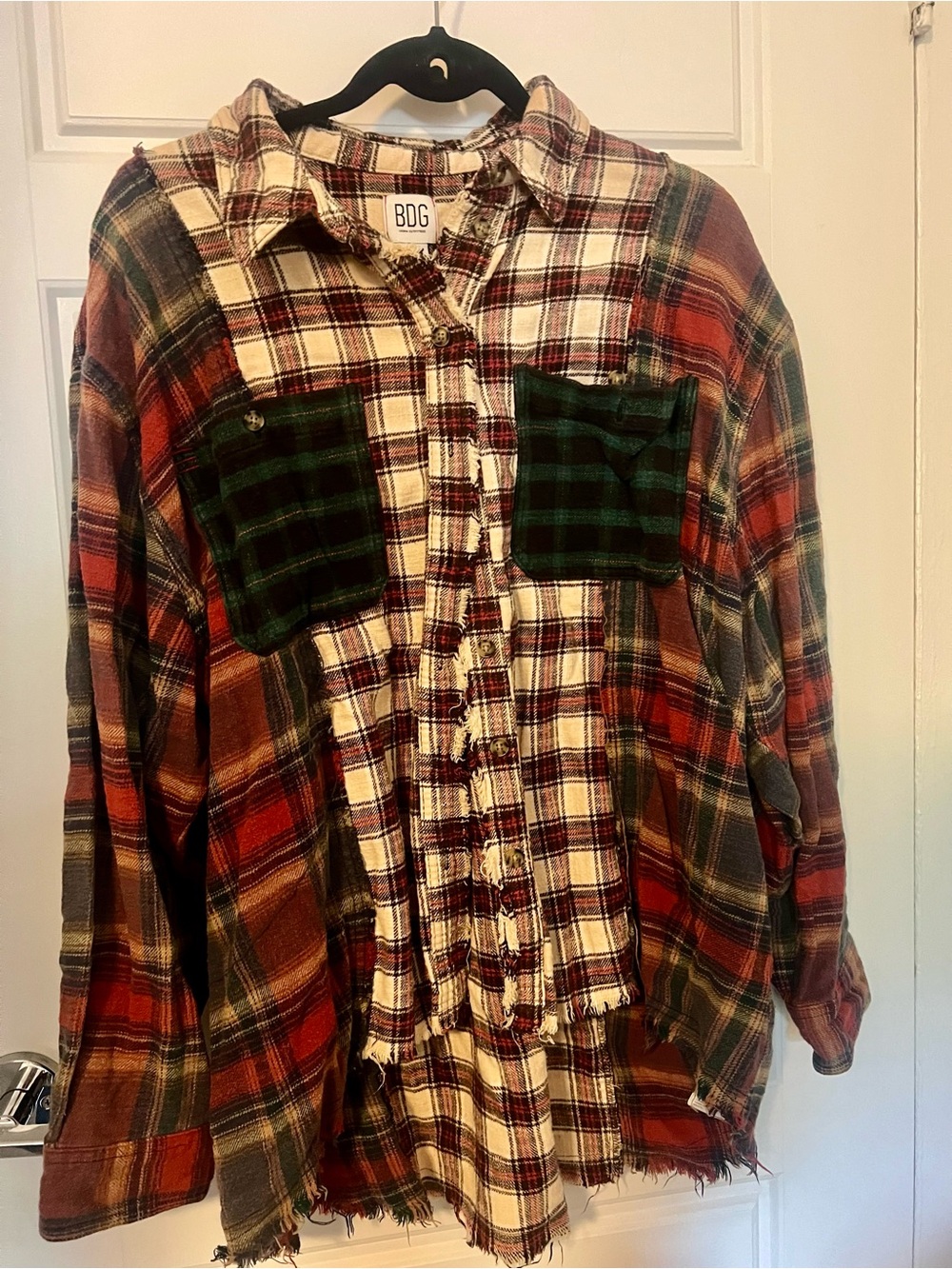 BDG Plaid Flannel Shirt Jacket in Cream, Red & Black